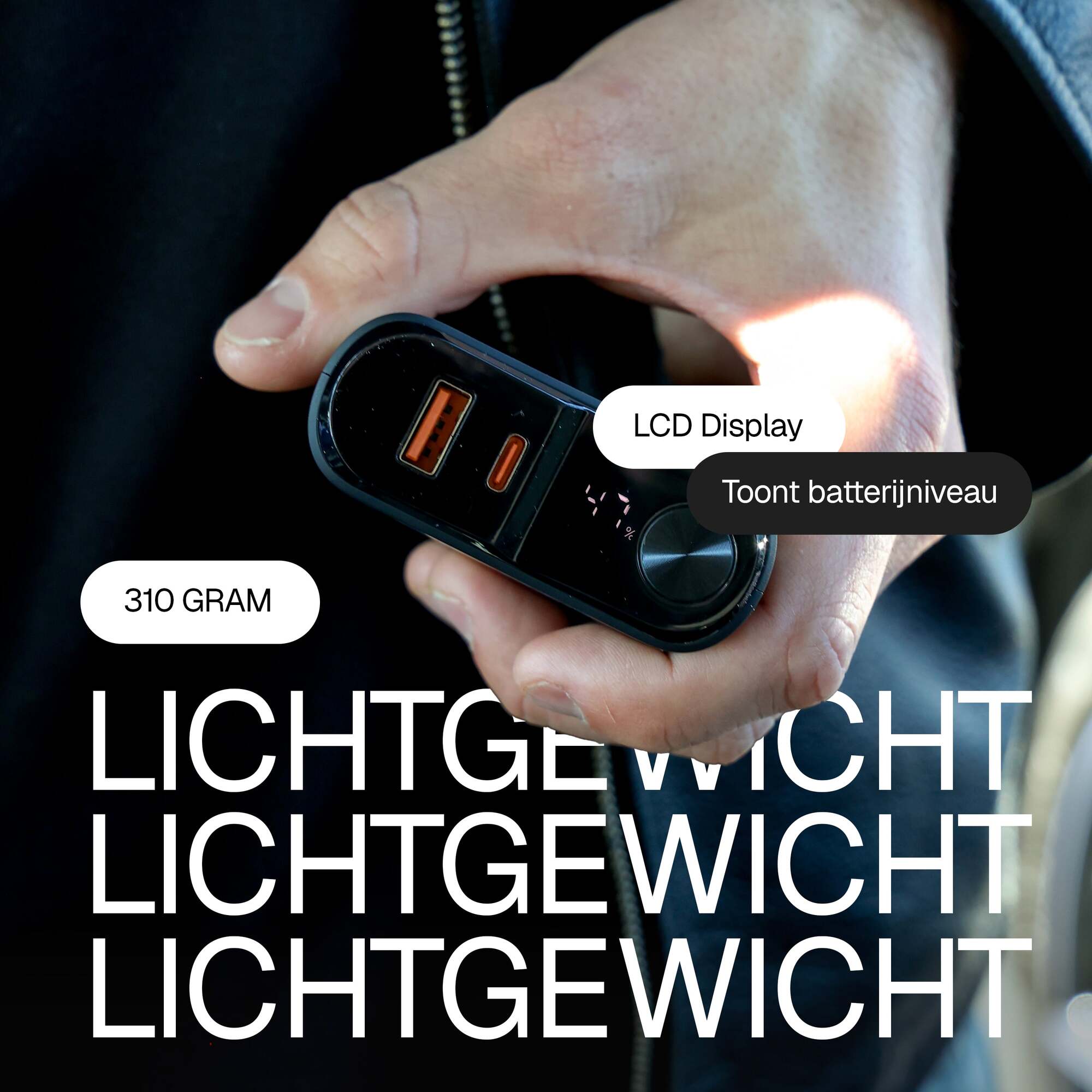 Close-up van Wegman powerbank met LED-indicator voor accupercentage