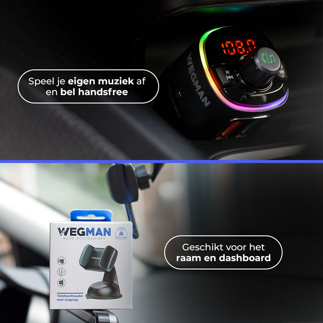 Bundeloverzicht op witte achtergrond – FM transmitter en telefoonhouder naast elkaar