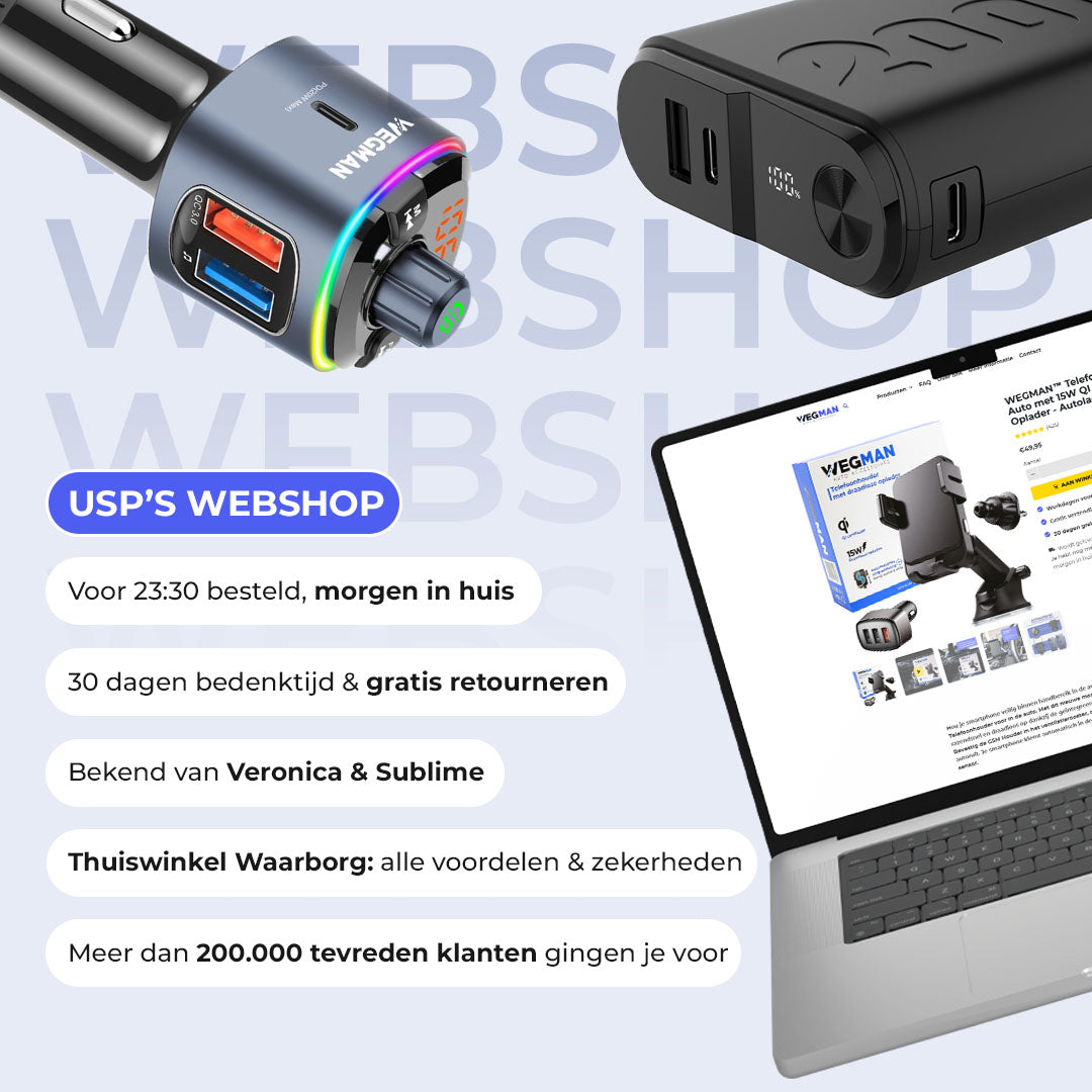 Wegman Roadtrip Essentials Pakket - Telefoonhouder met Draadloze Oplader, Bluetooth FM Transmitter & Powerbank 20.000mAh | Alles-in-één set voor onderweg