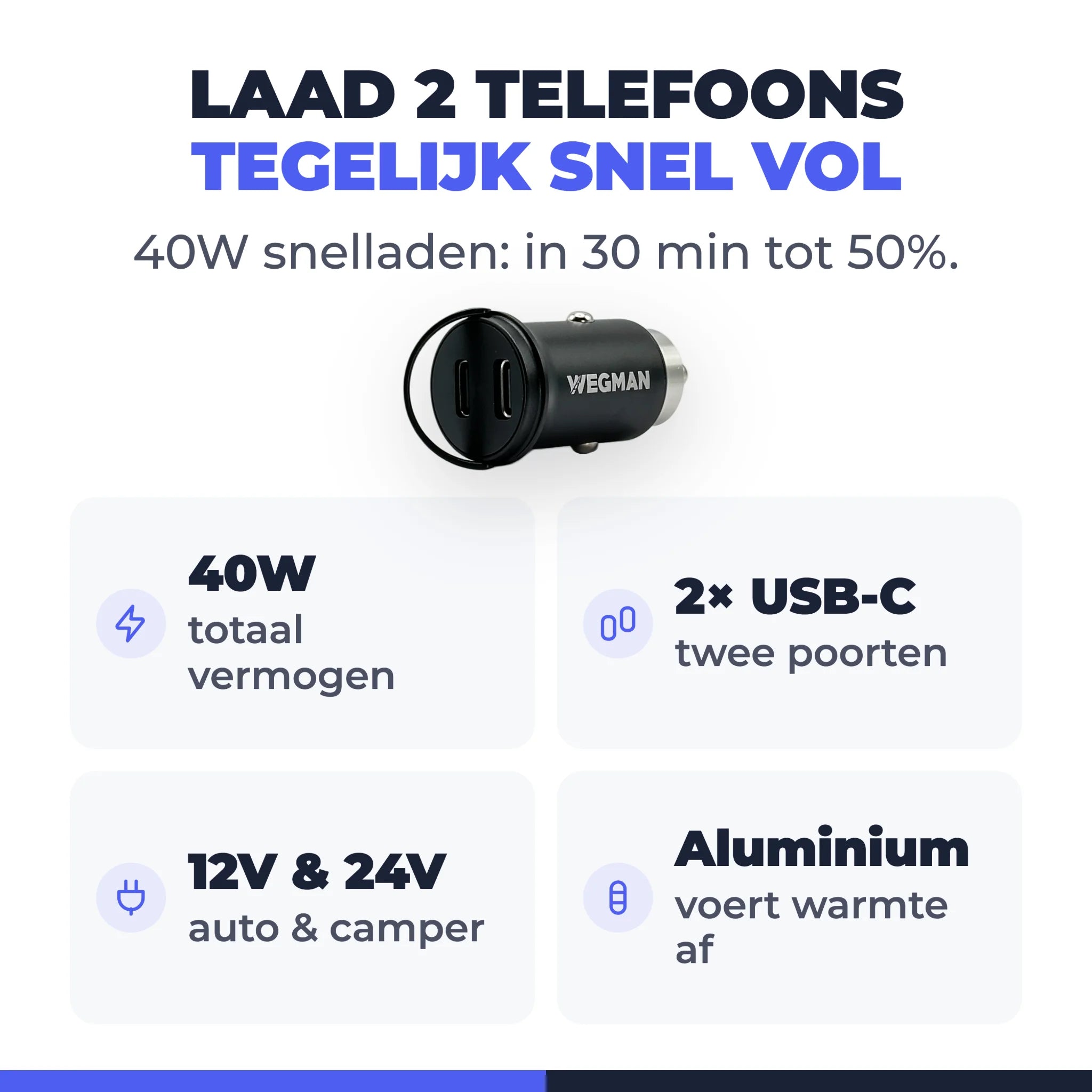 Wegman Autolader 40W Dual USB-C - Snellader