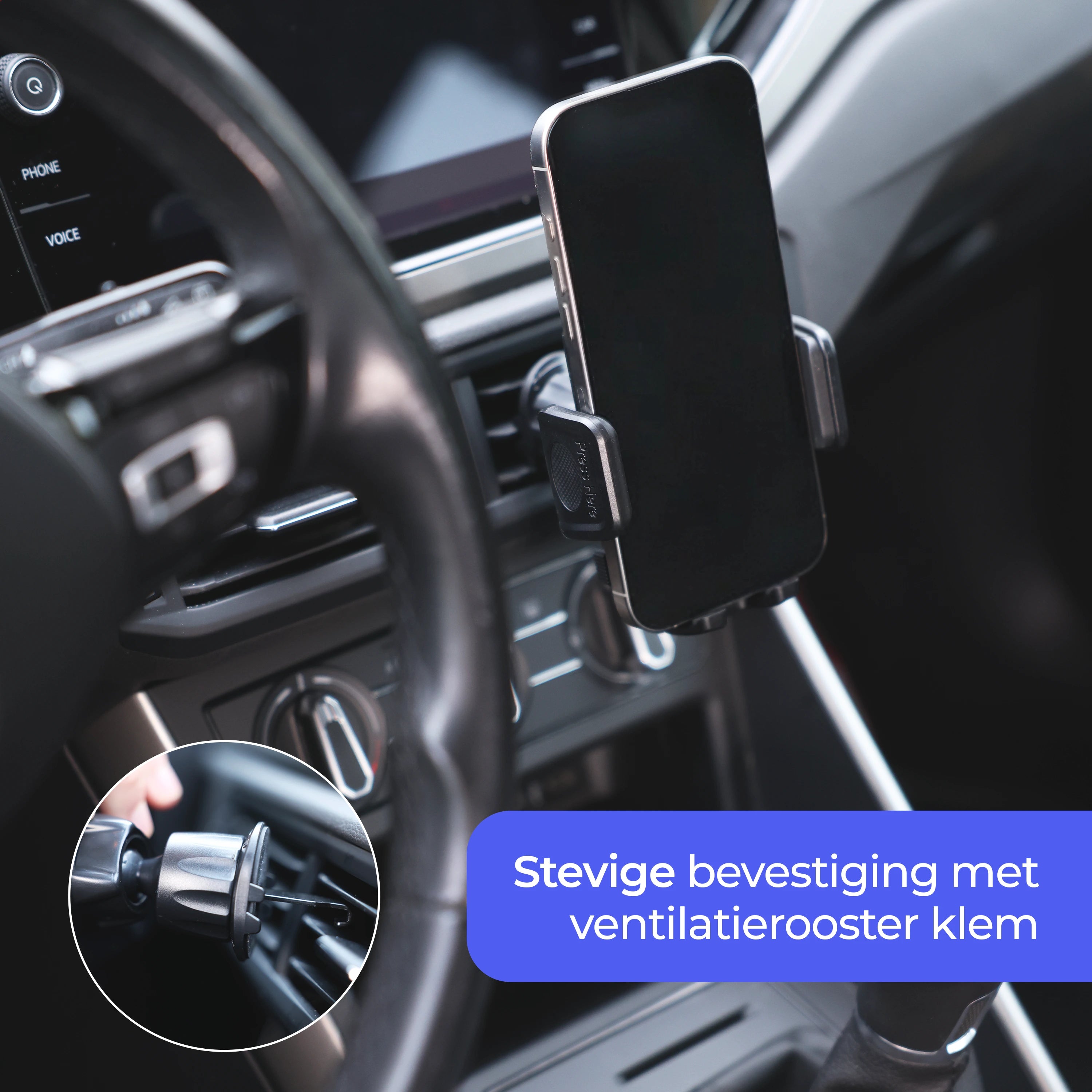 Wegman telefoonhouder bevestigd op ventilatierooster auto met stevige klem