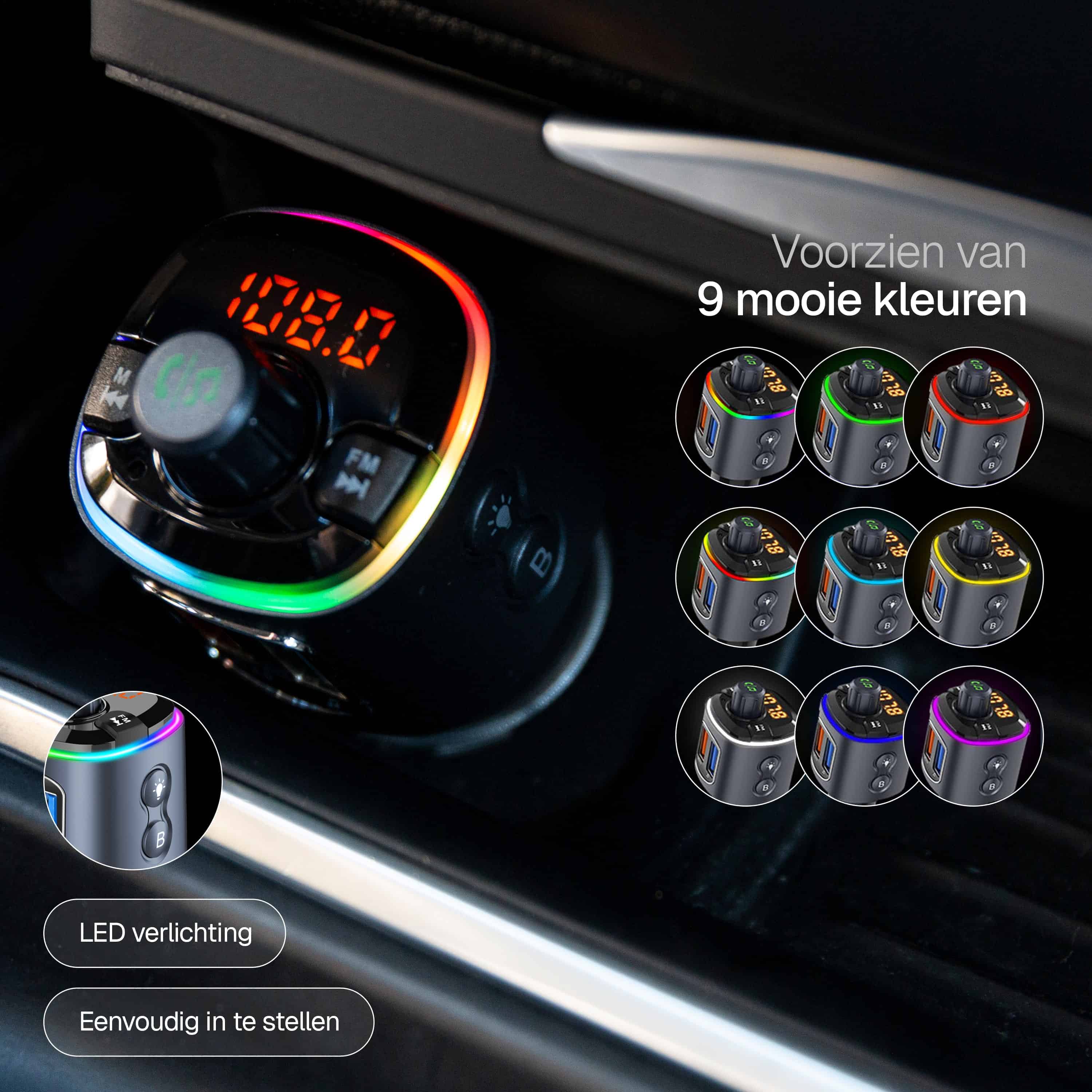 Close-up van Wegman FM Transmitter met LED-display en bedieningsknoppen