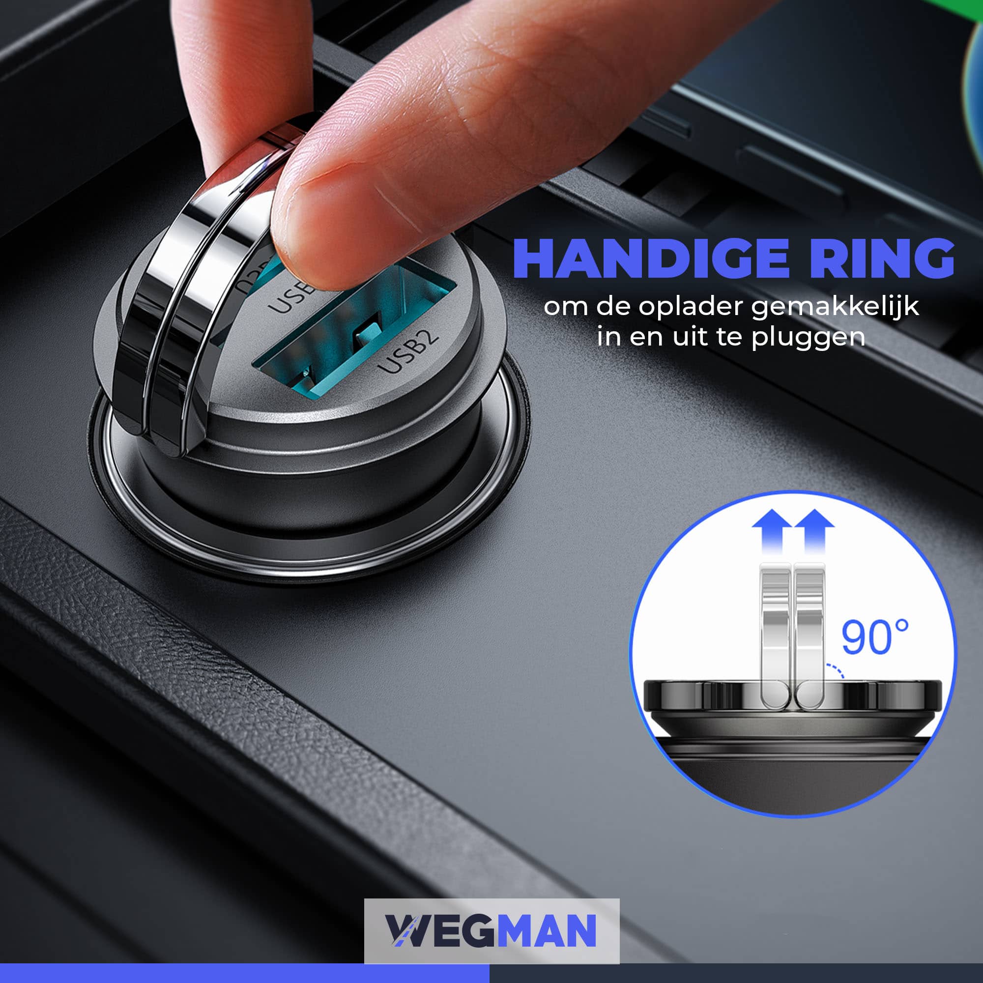 Close-up van Wegman USB-A autolader met duurzame behuizing