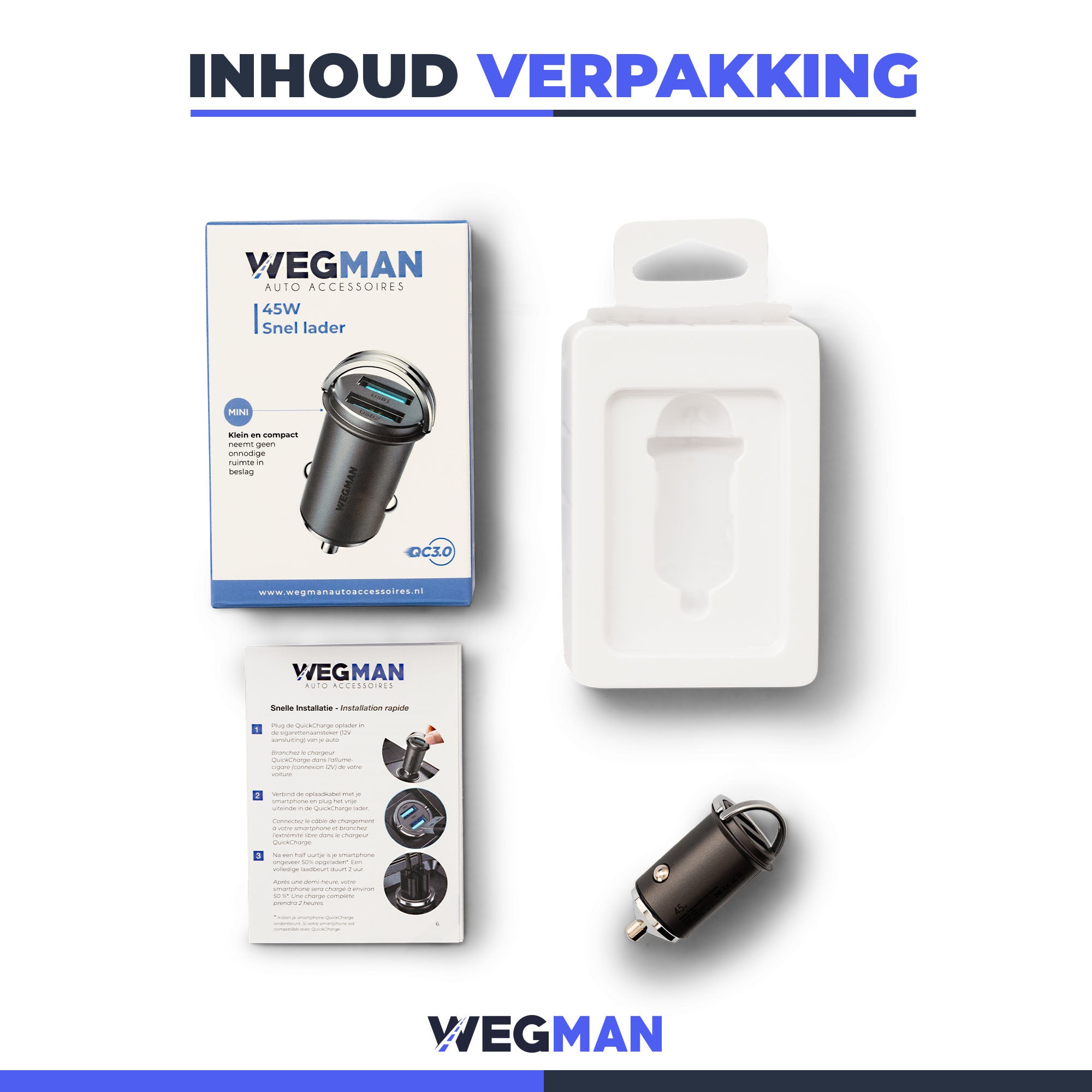 Verpakking van Wegman USB-A autolader met handleiding