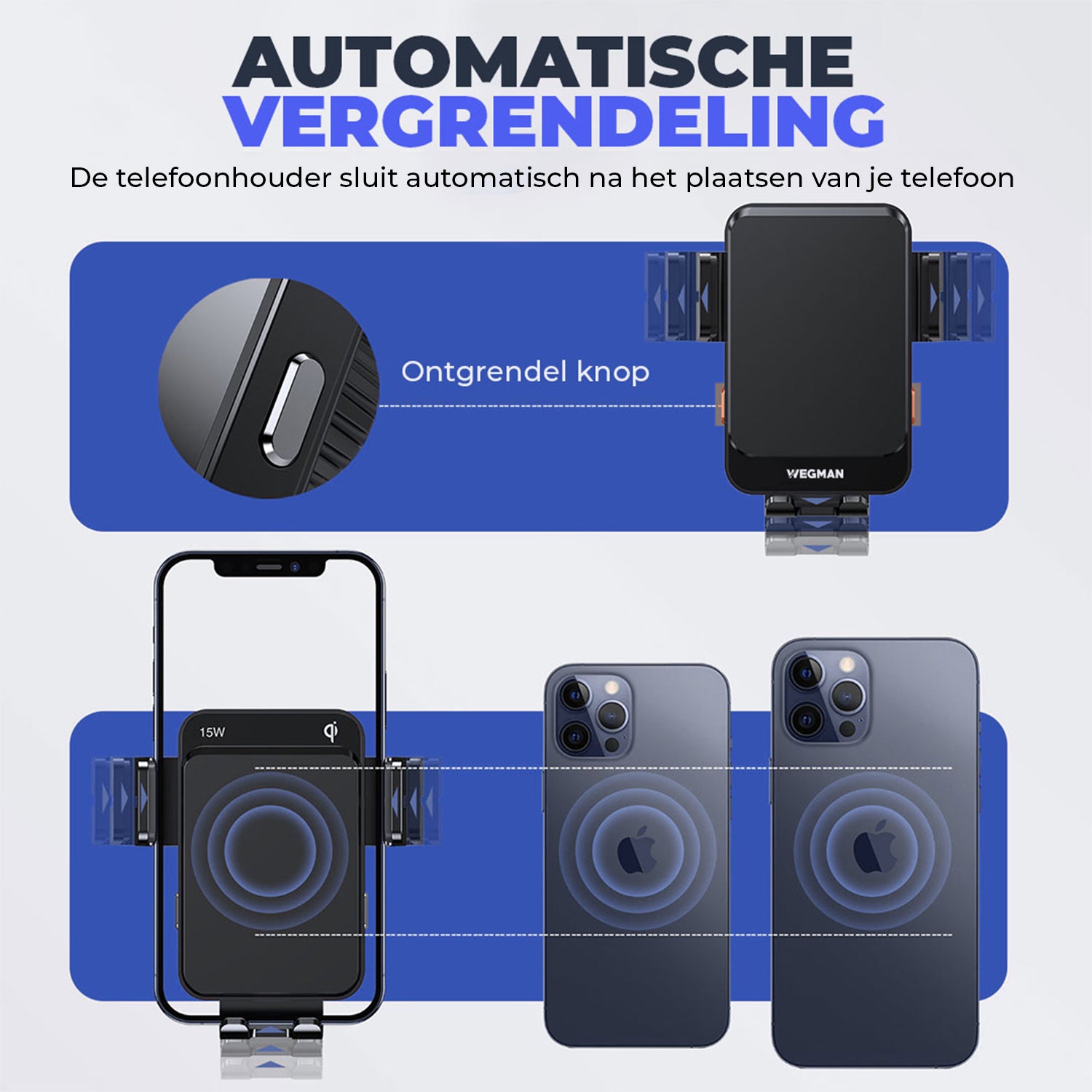 Wegman Telefoonhouder Met QI Draadloze Oplader Auto 15w Autolader Ventilatierooster Raam 757071681 Wegman Telefoonhouder Met QI Draadloze Oplader Auto 15w Autolader Ventilatierooster Raam 757071681