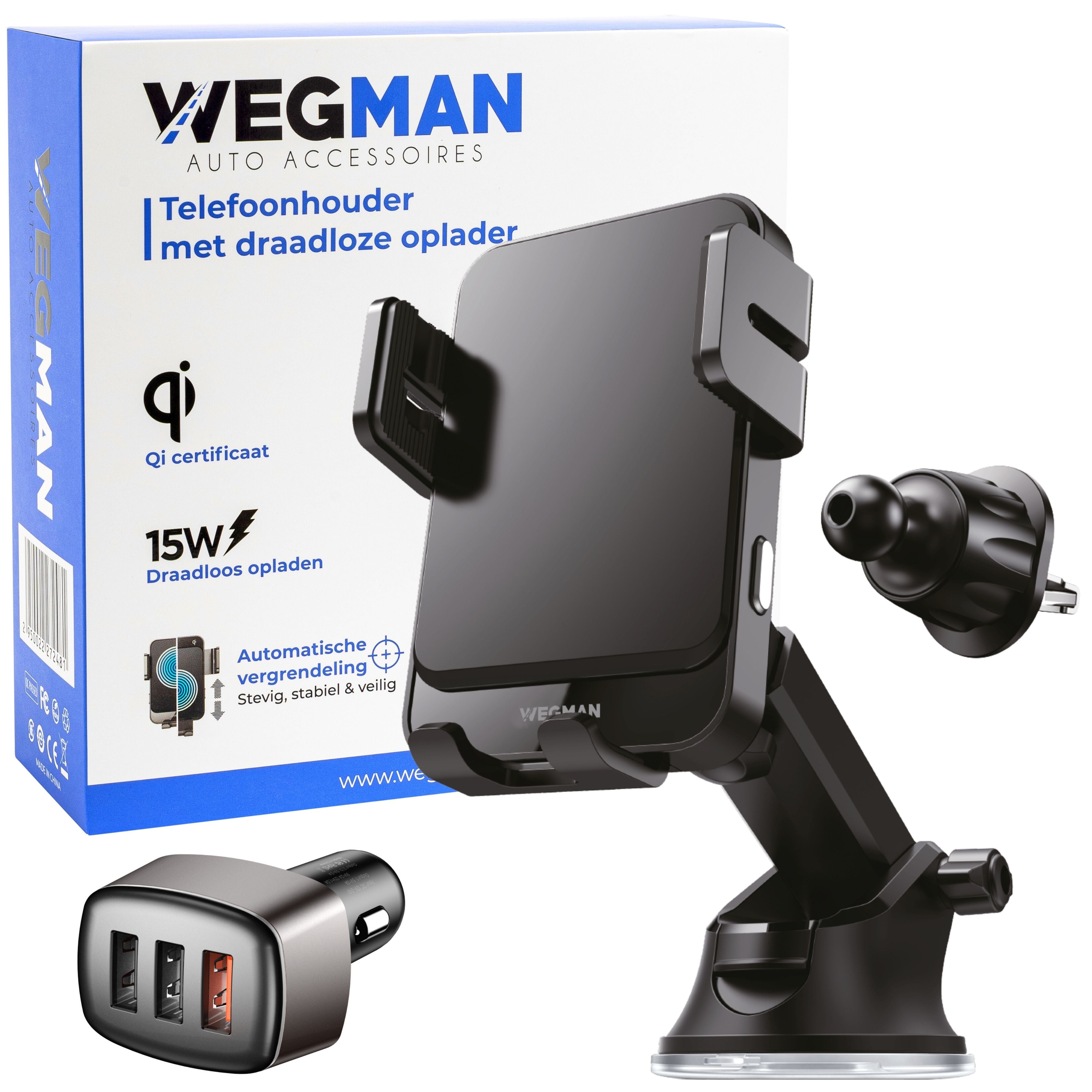 Intrekking Antecedent incident Wegman Phone Holder with QI Wireless Charger Car (15W car charger)